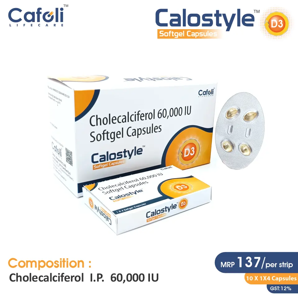 Cholecalciferol 60k IU Softgel at Best Price in PCD Pharma Franchise for Bone Health, Vitamin D, and Calcium Absorption.